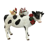Christmas Cow Figurine with Chickens on Back - White & Black