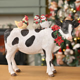 Christmas Cow Figurine with Chickens on Back - White & Black