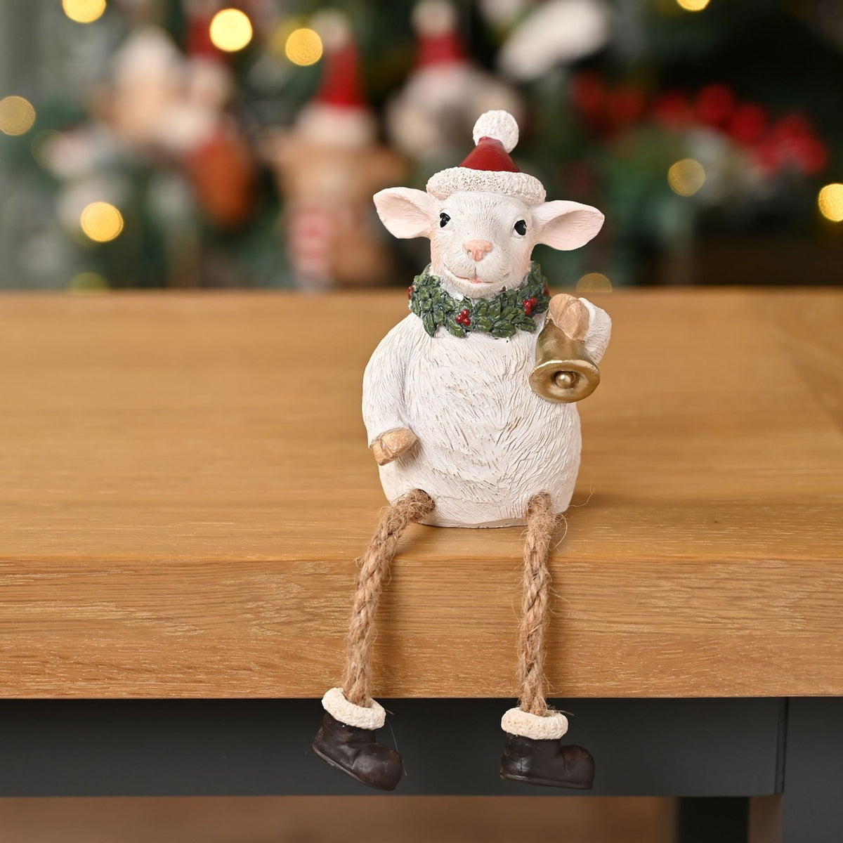 Christmas Sheep Shelf Figurine with Red Hat and Bell - White
