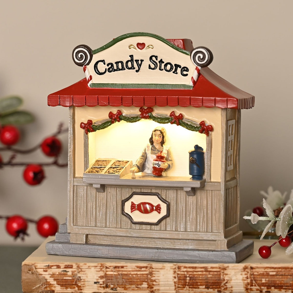 Candy Store Christmas Light-Up Decoration 14cm - Grey & Red