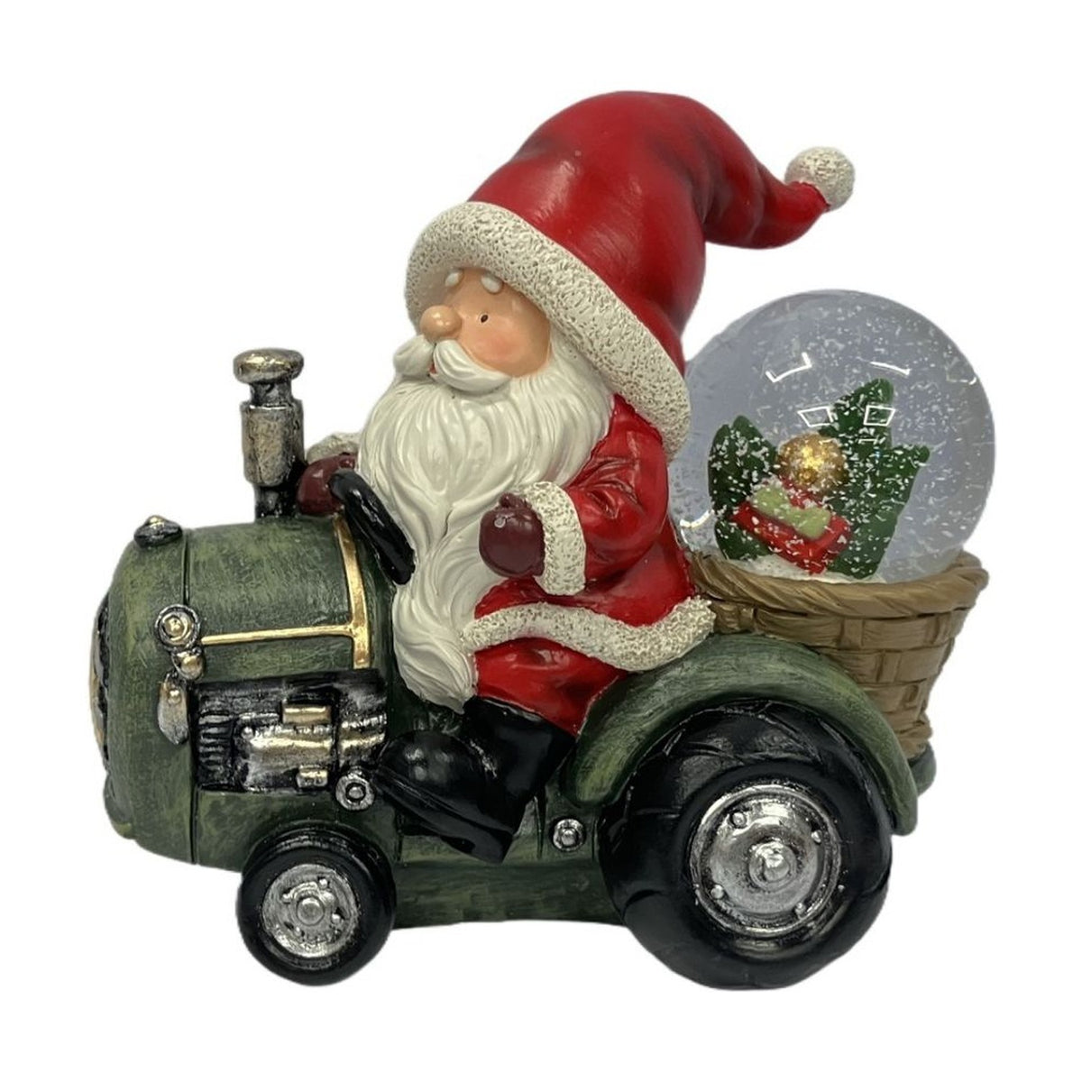 Santa on a Tractor Snow Globe with Basket - Red & Green