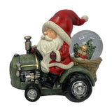 Santa on a Tractor Snow Globe with Basket - Red & Green