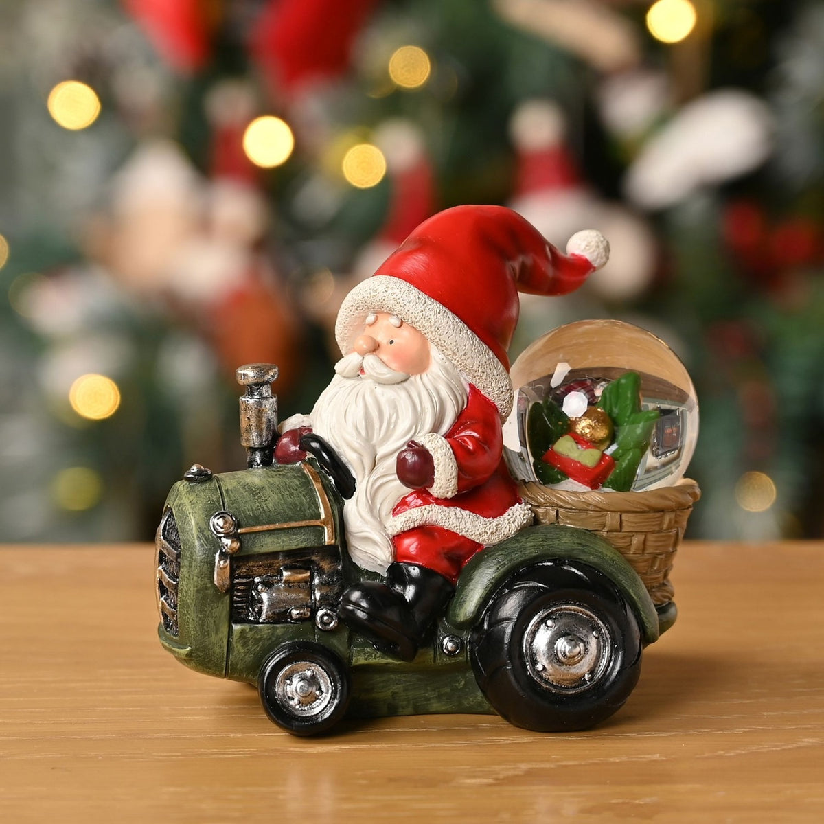 Santa on a Tractor Snow Globe with Basket - Red & Green