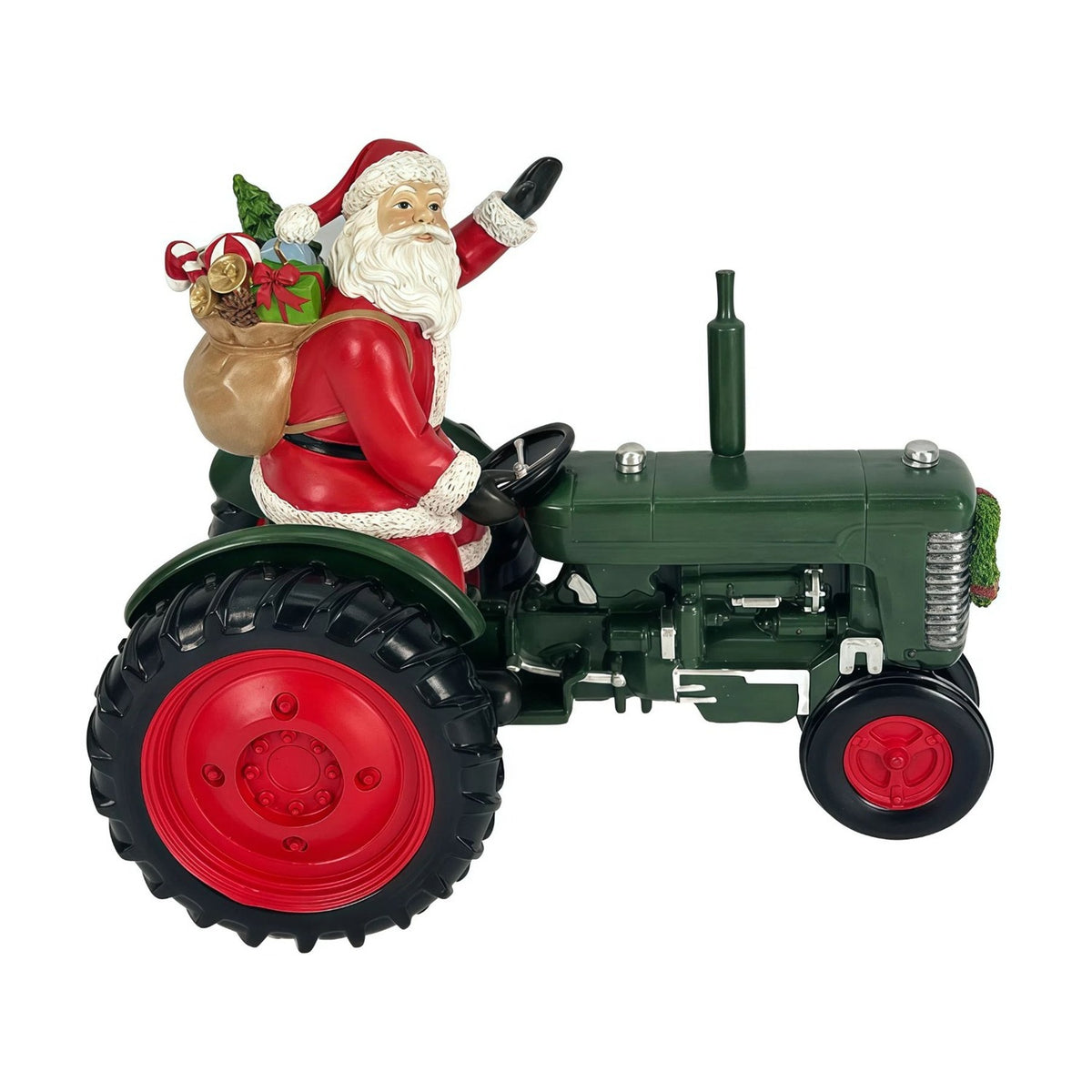 Large Santa Driving a Tractor Resin Figurine - Green & Red