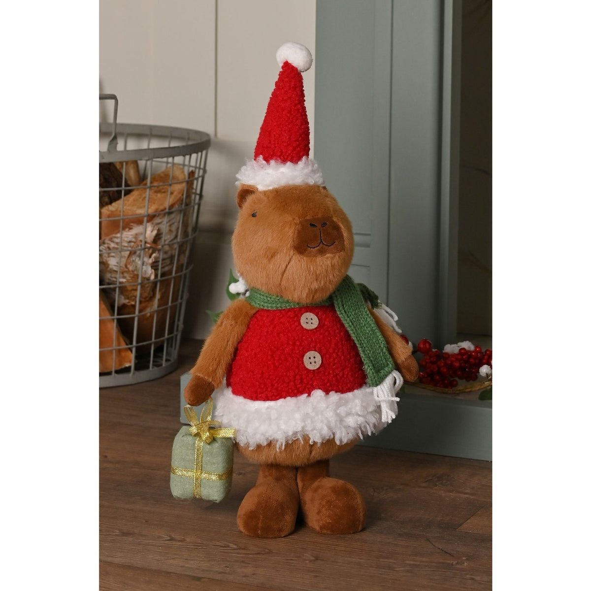 Standing Fabric Capybara Christmas Decoration - Brown & Red