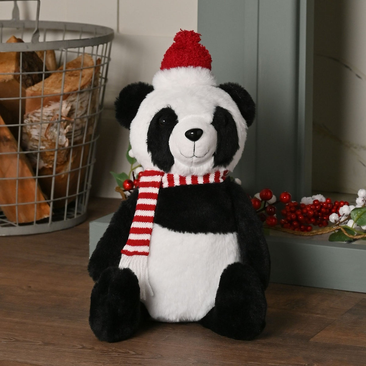 Fabric Sitting Panda Decoration with Hat 41cm - Black & White