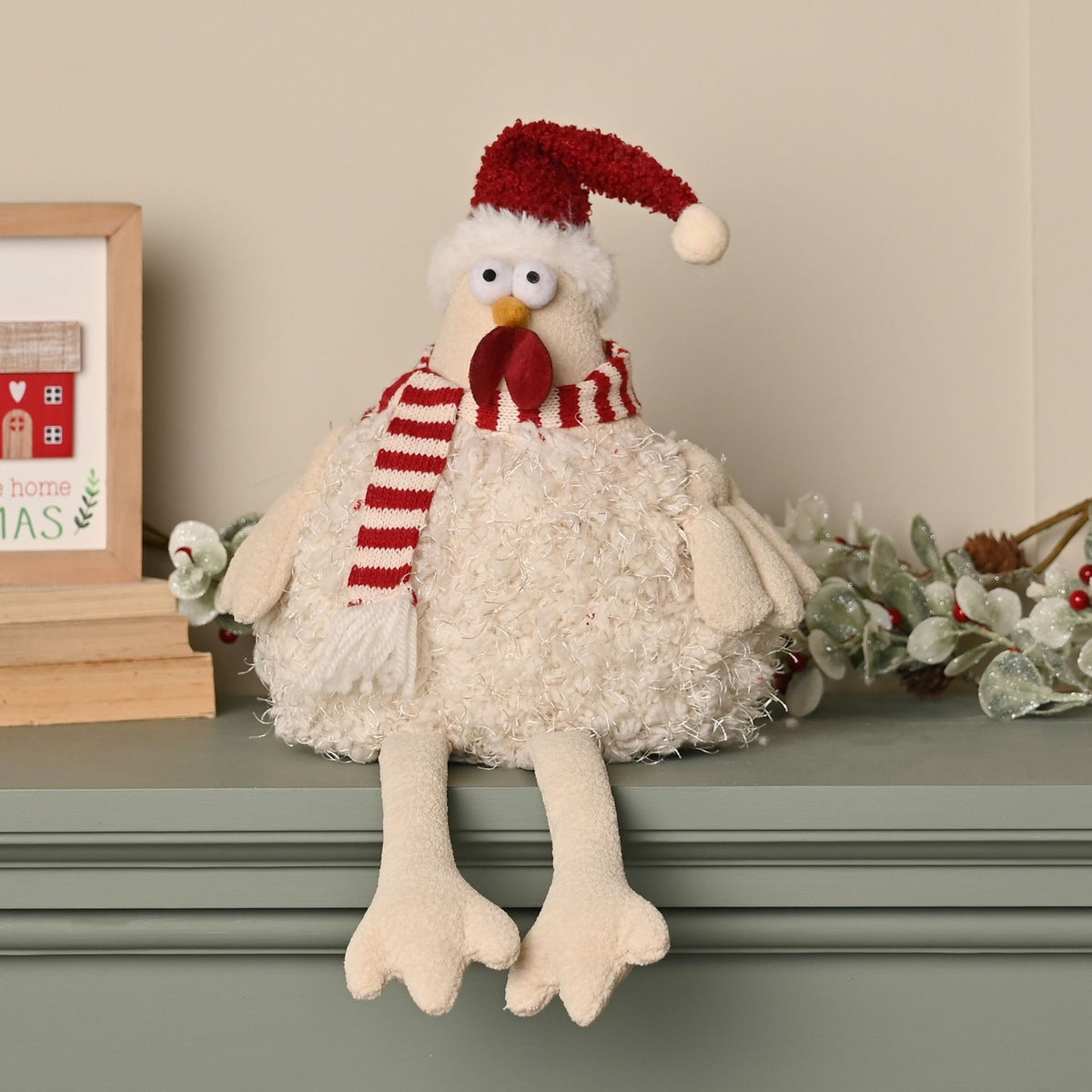 Fabric Sitting Rooster Decoration with Dangling Legs 43cm - Cream