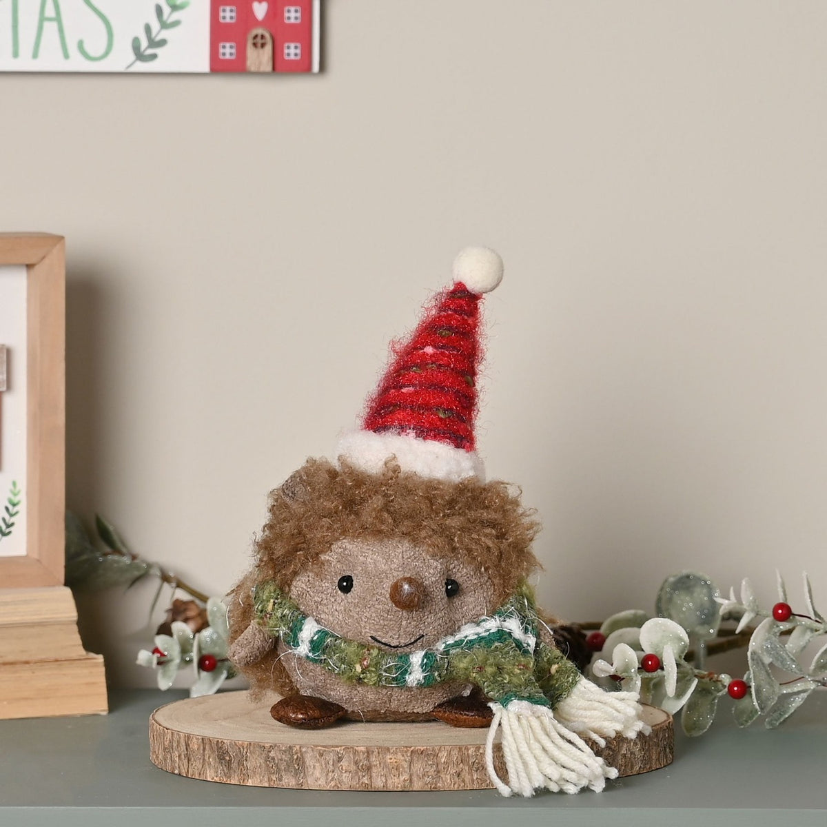 Fabric Sitting Christmas Hedgehog Figurine 19.5cm - Brown & Red