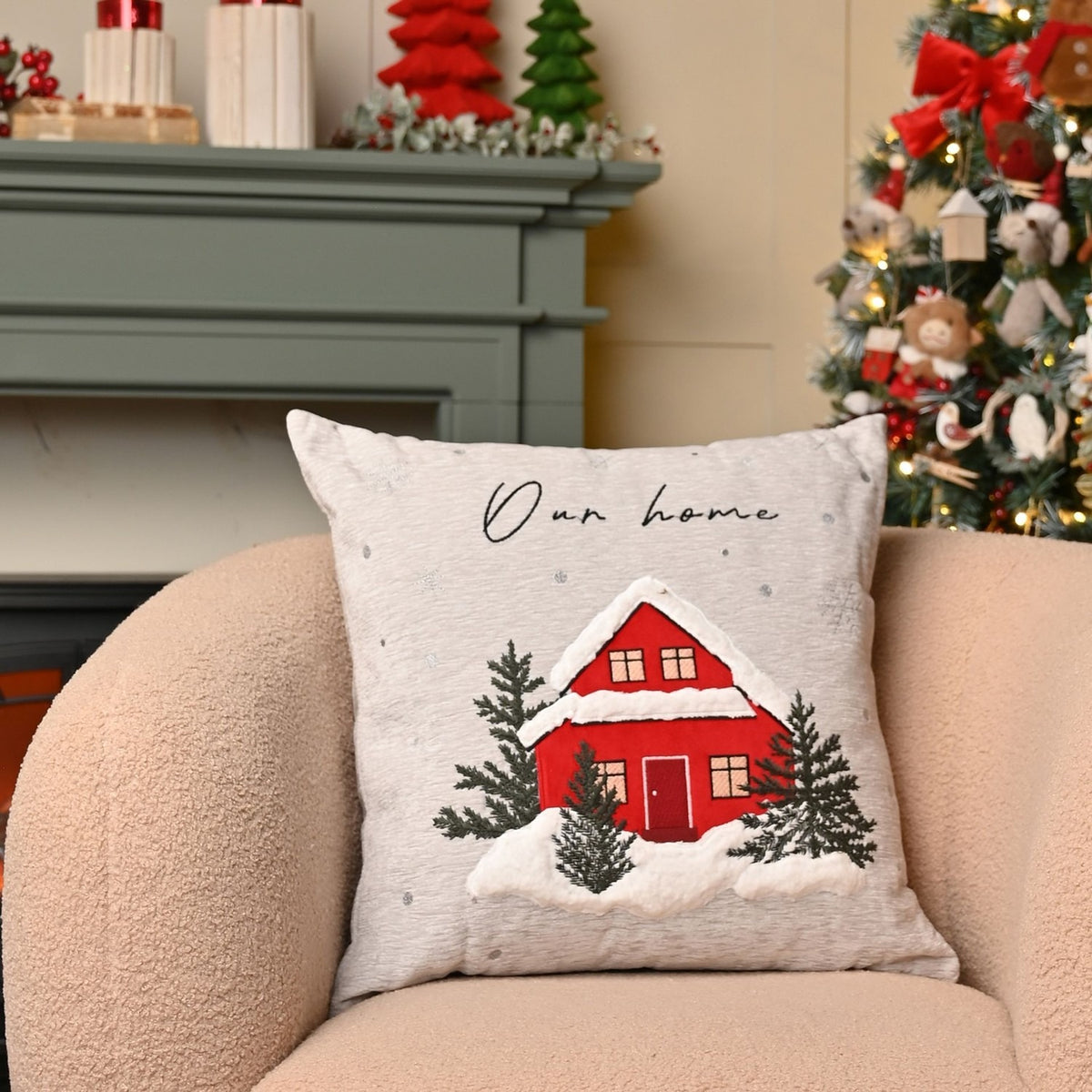 Red Cottage Embroidered Chenille Cushion 44cm x 44cm - Grey