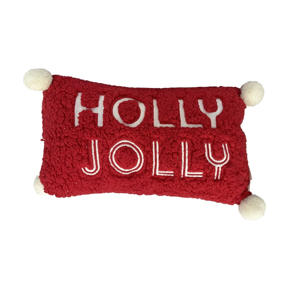 Holly Jolly Tufted Embroidered Cushion with Pompom Corners - Red