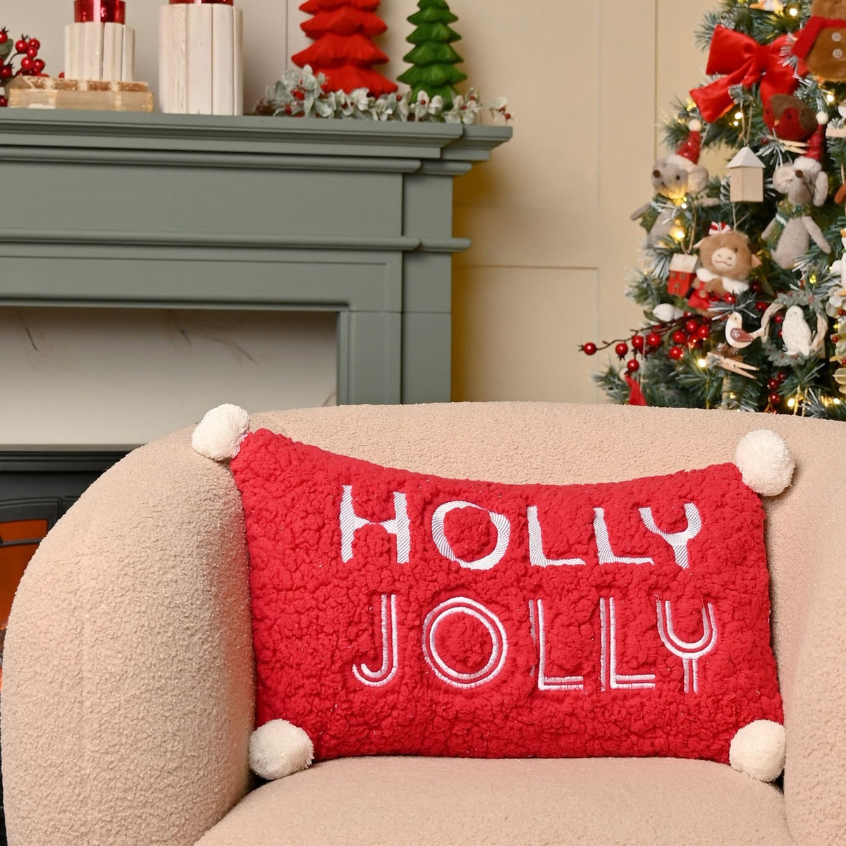 Holly Jolly Tufted Embroidered Cushion with Pompom Corners - Red