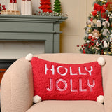 Holly Jolly Tufted Embroidered Cushion with Pompom Corners - Red