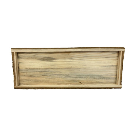 Small wooden tray with a slim rectangular shape, natural wood grain base, low raised rim, and bark-edged sides, shown on a plain white background.