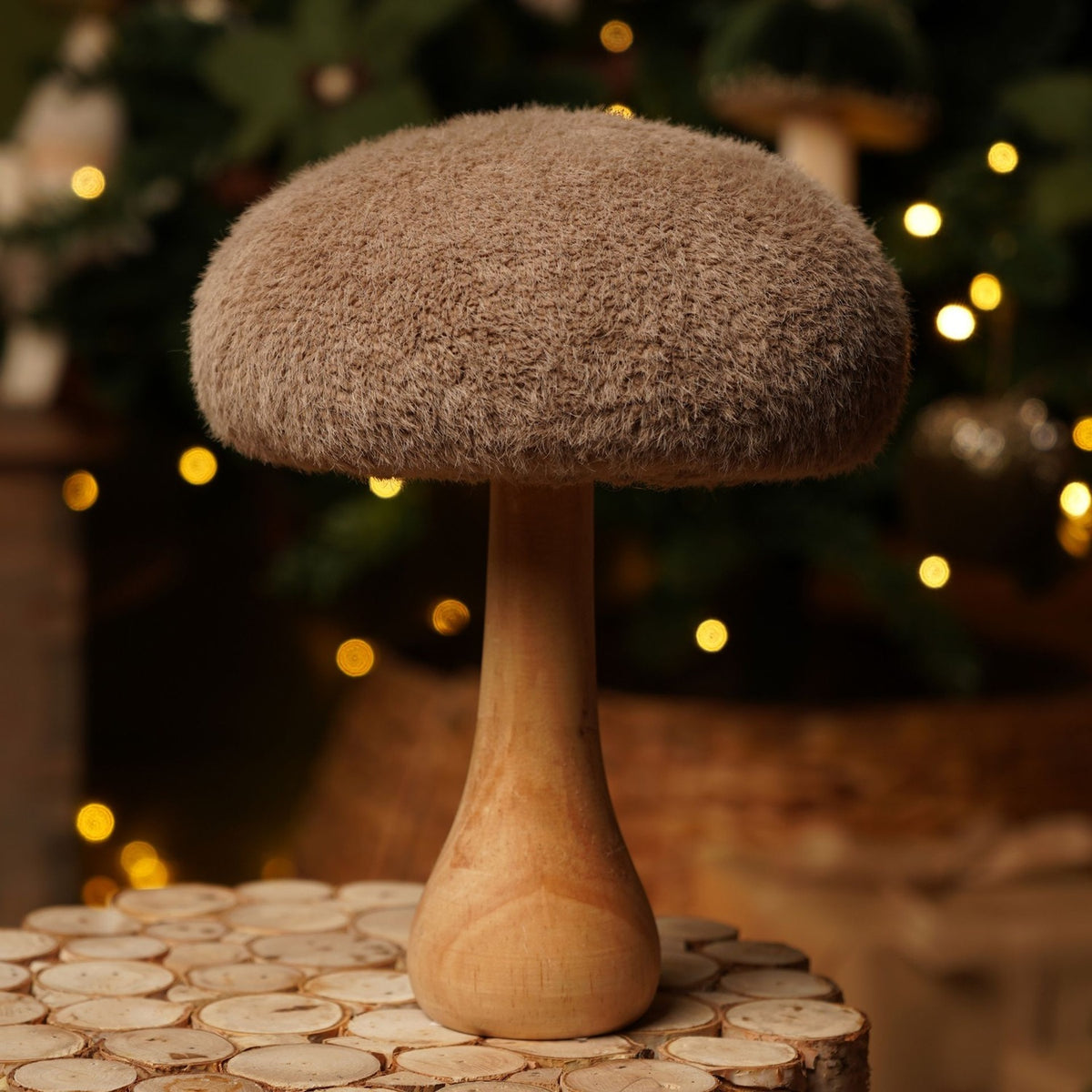 Fur Cap Mushroom Faux Plant with Standing Base 17cm - Brown