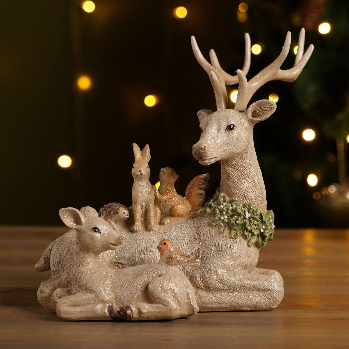 Animals on Reindeer Resin Figurine with Glitter 28cm - Cream