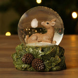 Resin Deer Snow Globe with Natural Leaf Base - Green & Clear