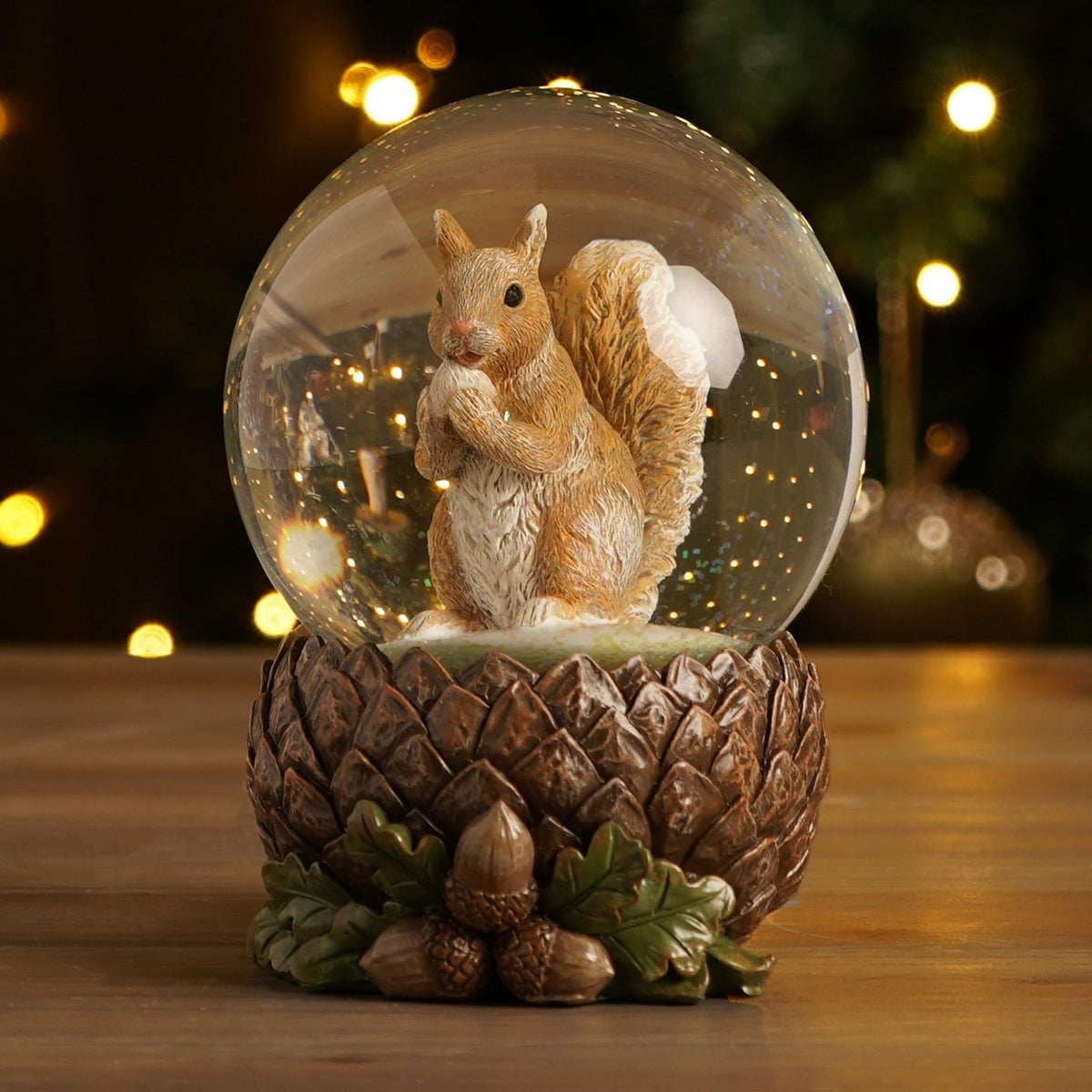 Squirrel Resin Snow Globe on Natural Base 13.3cm - Brown & Clear