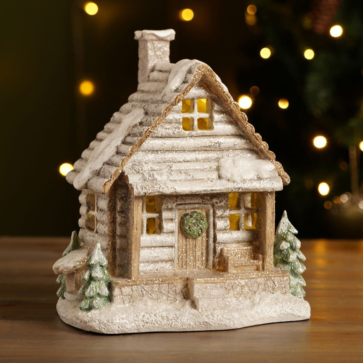 Sparkle Winter Wood Cabin LED Resin Light-Up Decoration - White