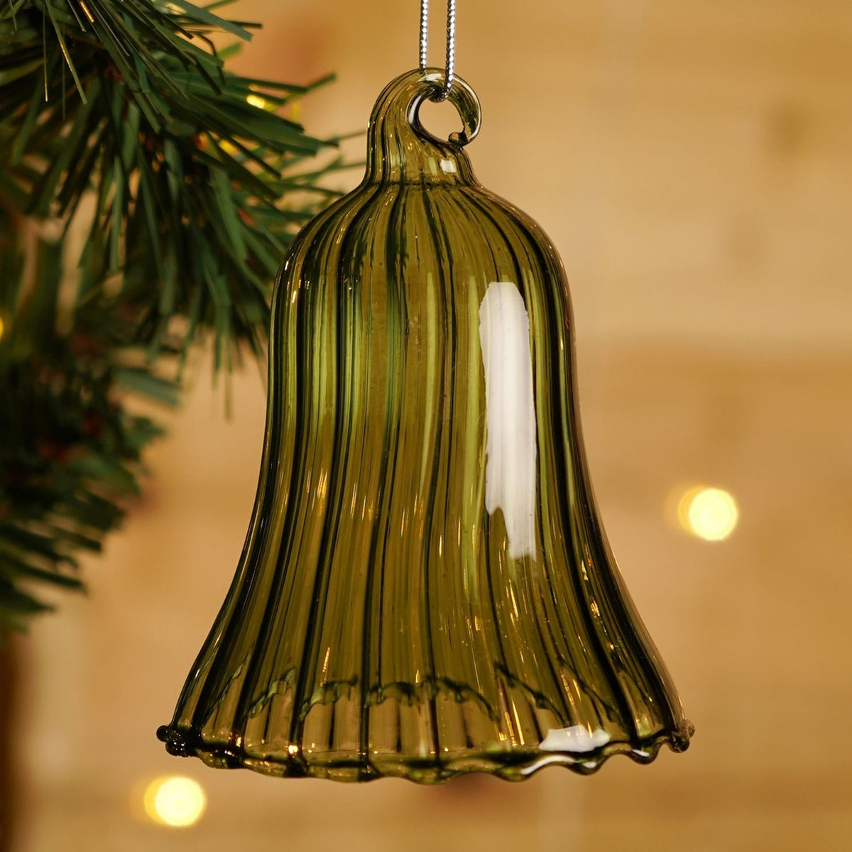Ribbed Glass Bell Christmas Tree Decoration 8cm - Green