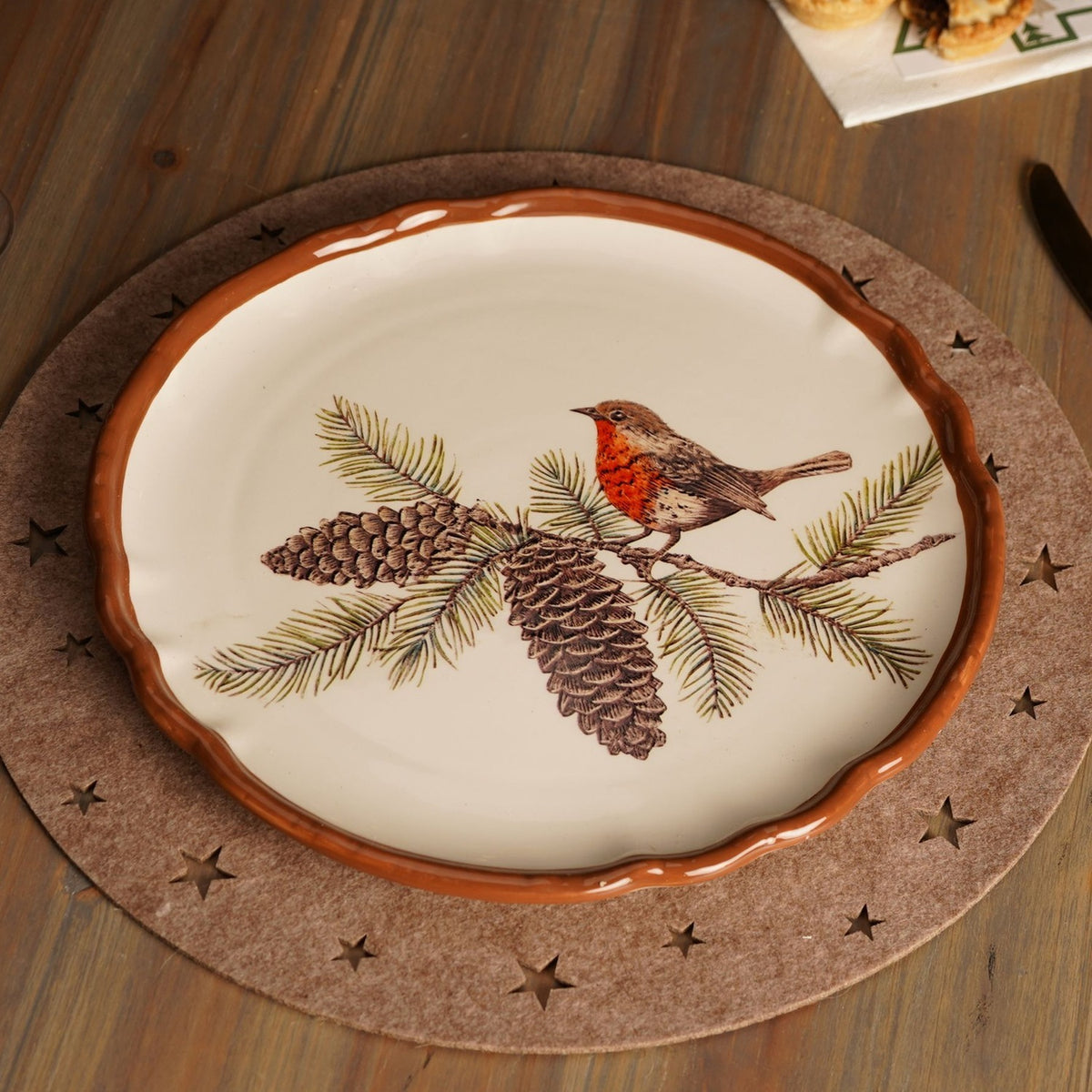 Robin on Branch Ceramic Plate 31.5 x 2.8cm - Cream & Brown