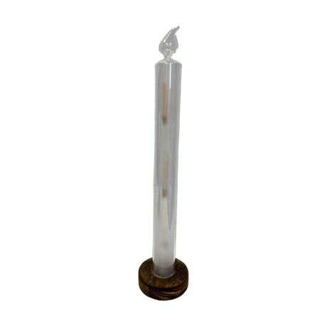 Fire Rising Effect Glass LED Taper Candle, 39cm, with a slim frosted white glass column, clear flame-shaped tip, and dark brown round base, on a plain white background.