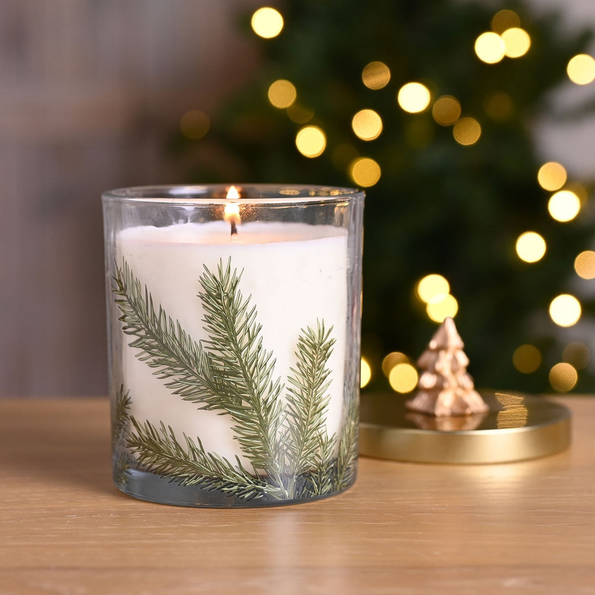 Pine Pattern Scented Candle with Tree Lid - Green & Gold