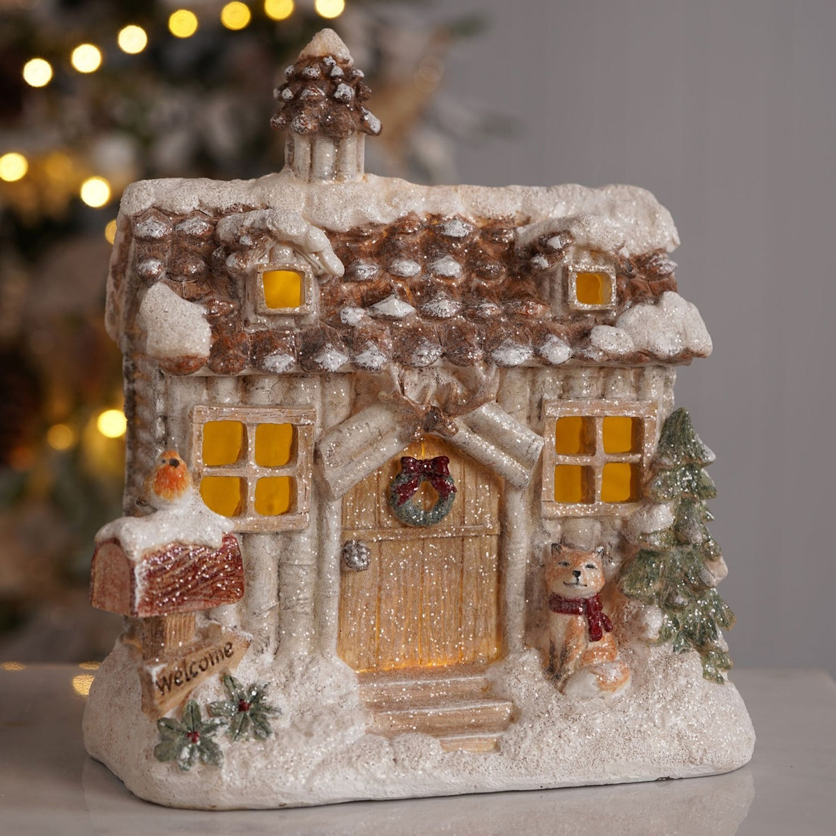 Christmas Sparkle House Light-Up Decoration - Brown & Cream