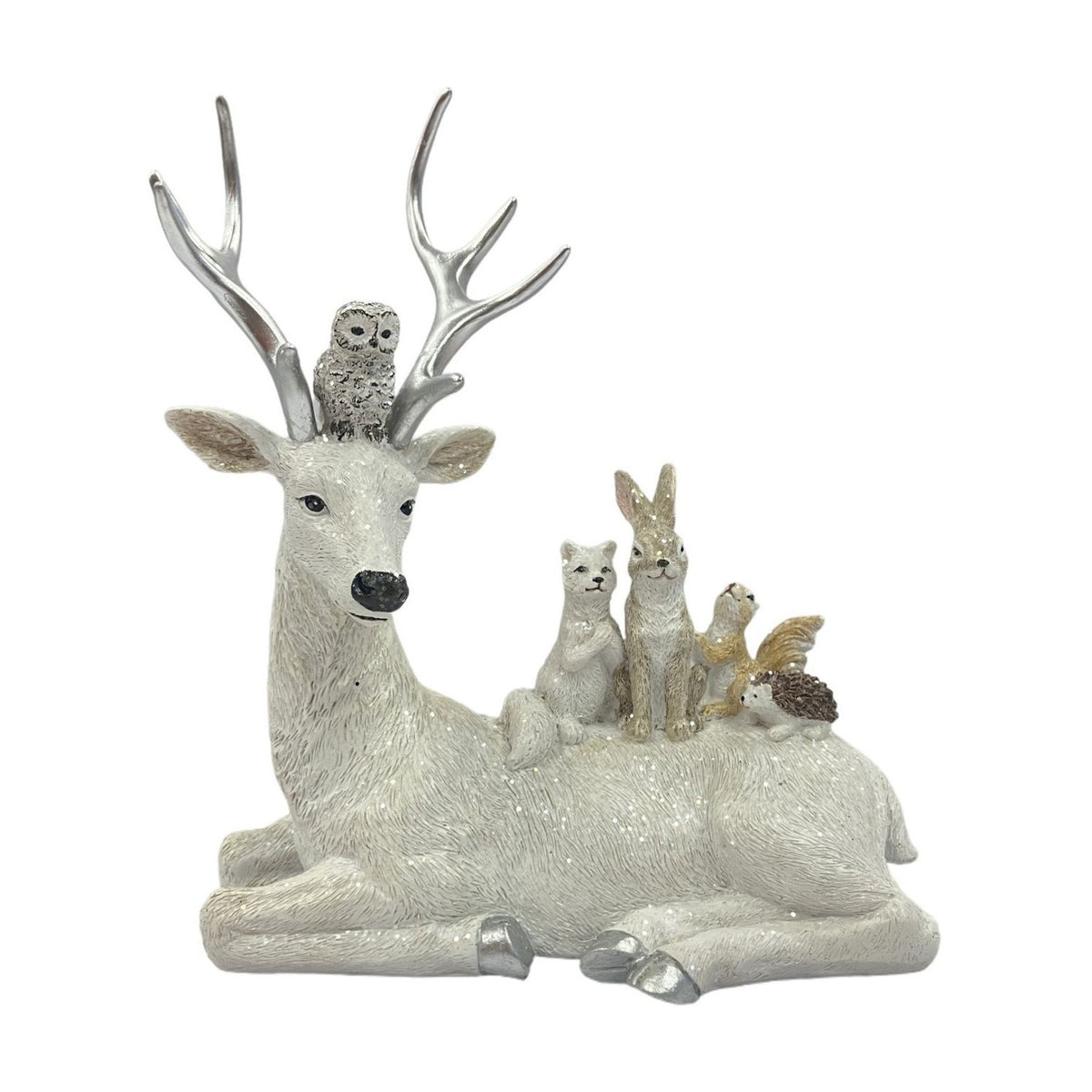 Animals on Reindeer Resin Figurine 22.7cm - Silver & White