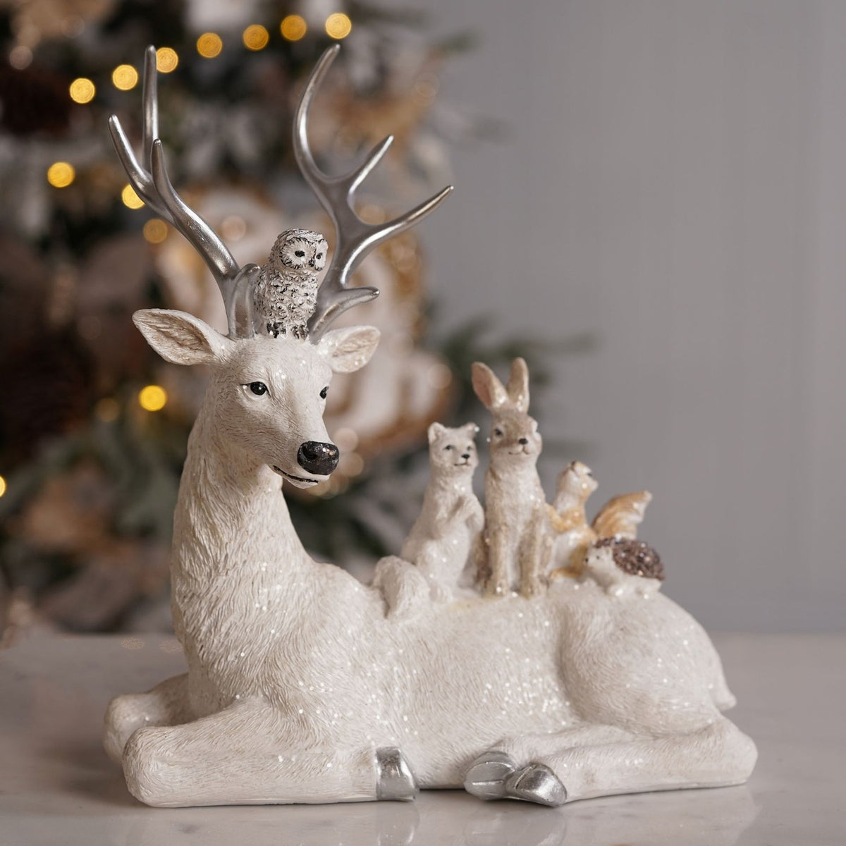 Animals on Reindeer Resin Figurine 22.7cm - Silver & White