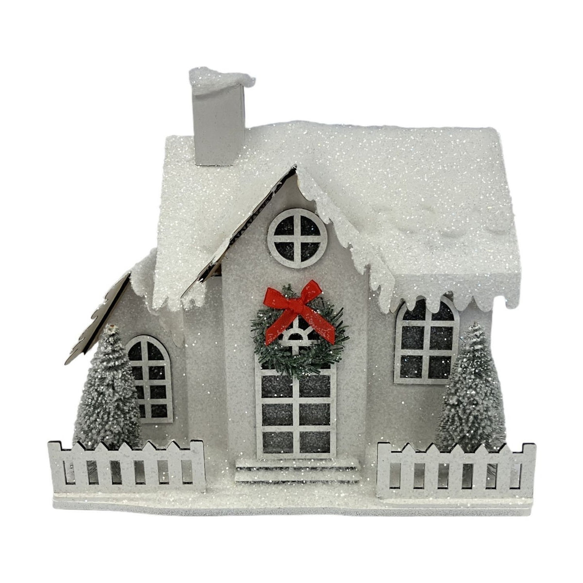 Plastic House LED Light-Up Decoration with Green Wreath - White