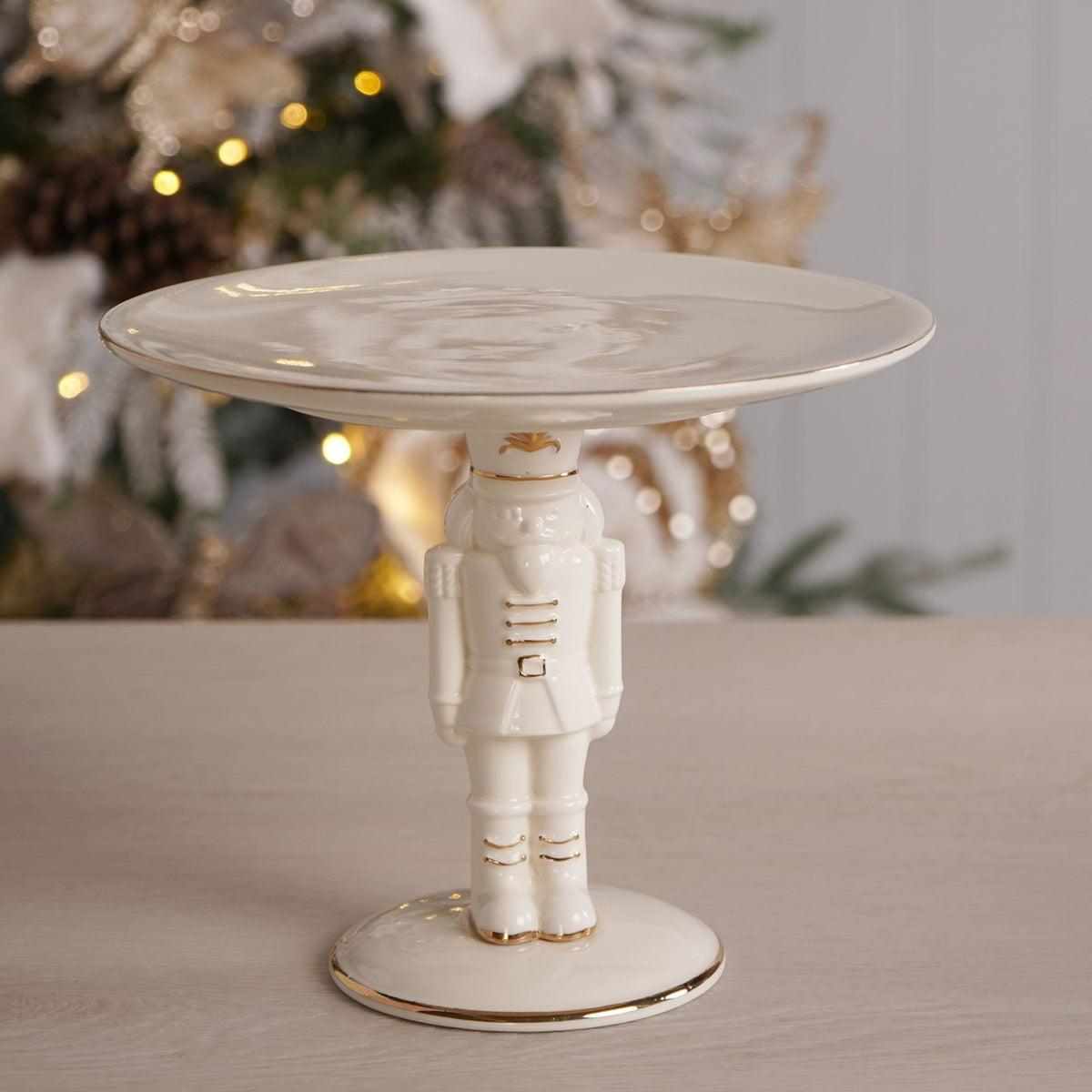 Nutcracker Ceramic Cake Stand with Gold Trim 17.5cm - White
