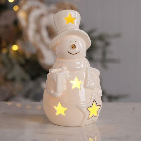 LED Ceramic Snowman Light-Up Decoration with Batteries - White