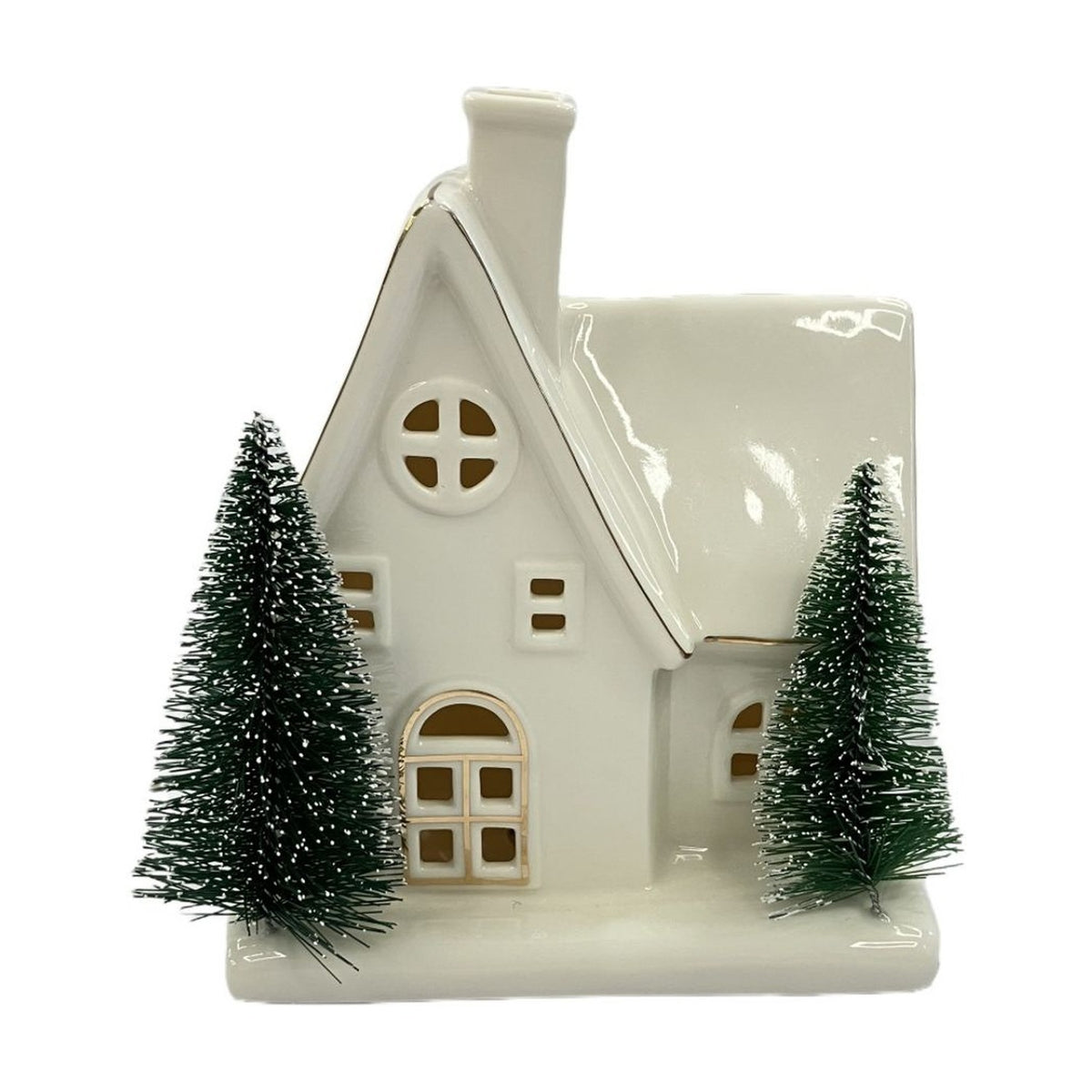 Ceramic House Light-Up Decoration with Christmas Trees - White