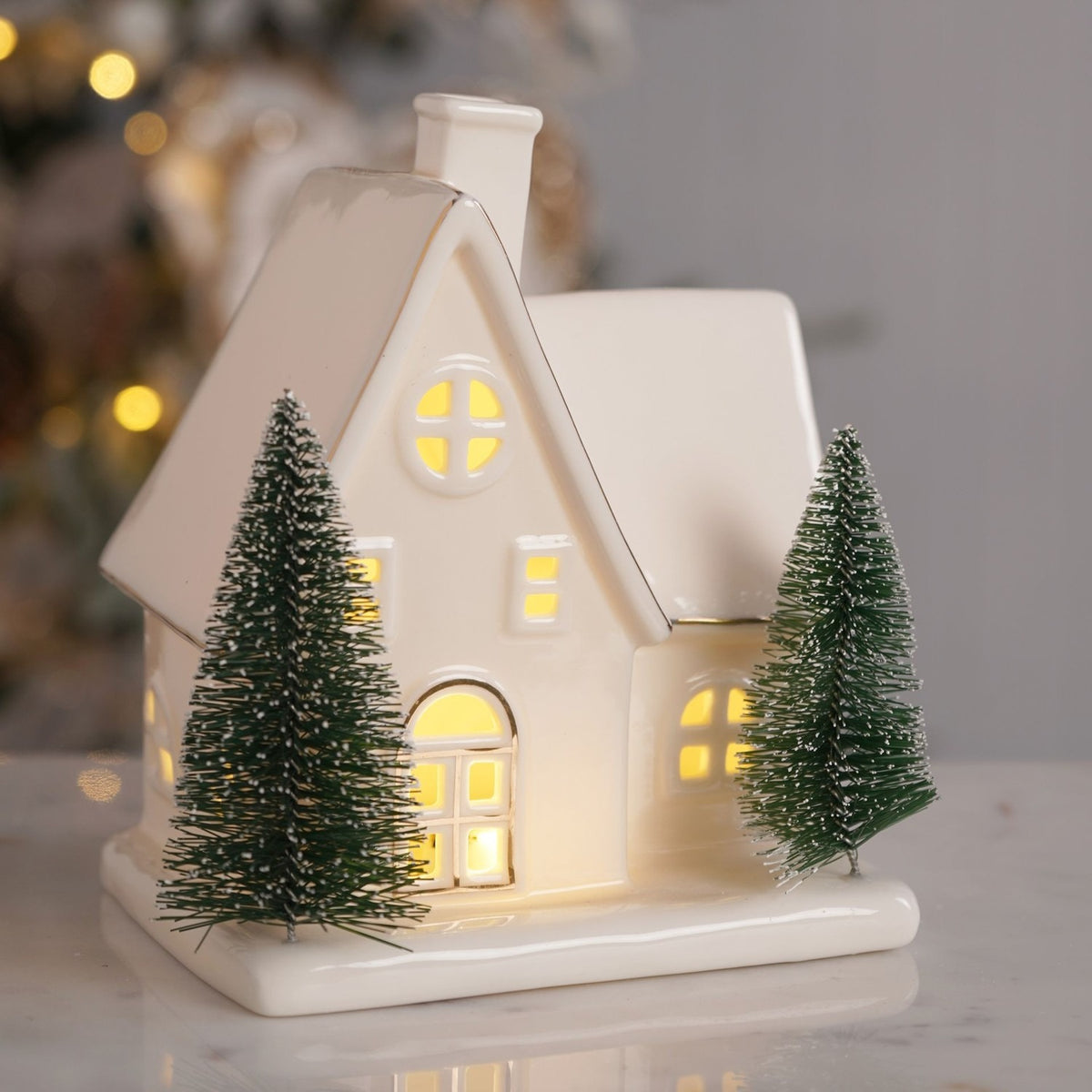 Ceramic House Light-Up Decoration with Christmas Trees - White