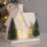 Ceramic House Light-Up Decoration with Christmas Trees - White