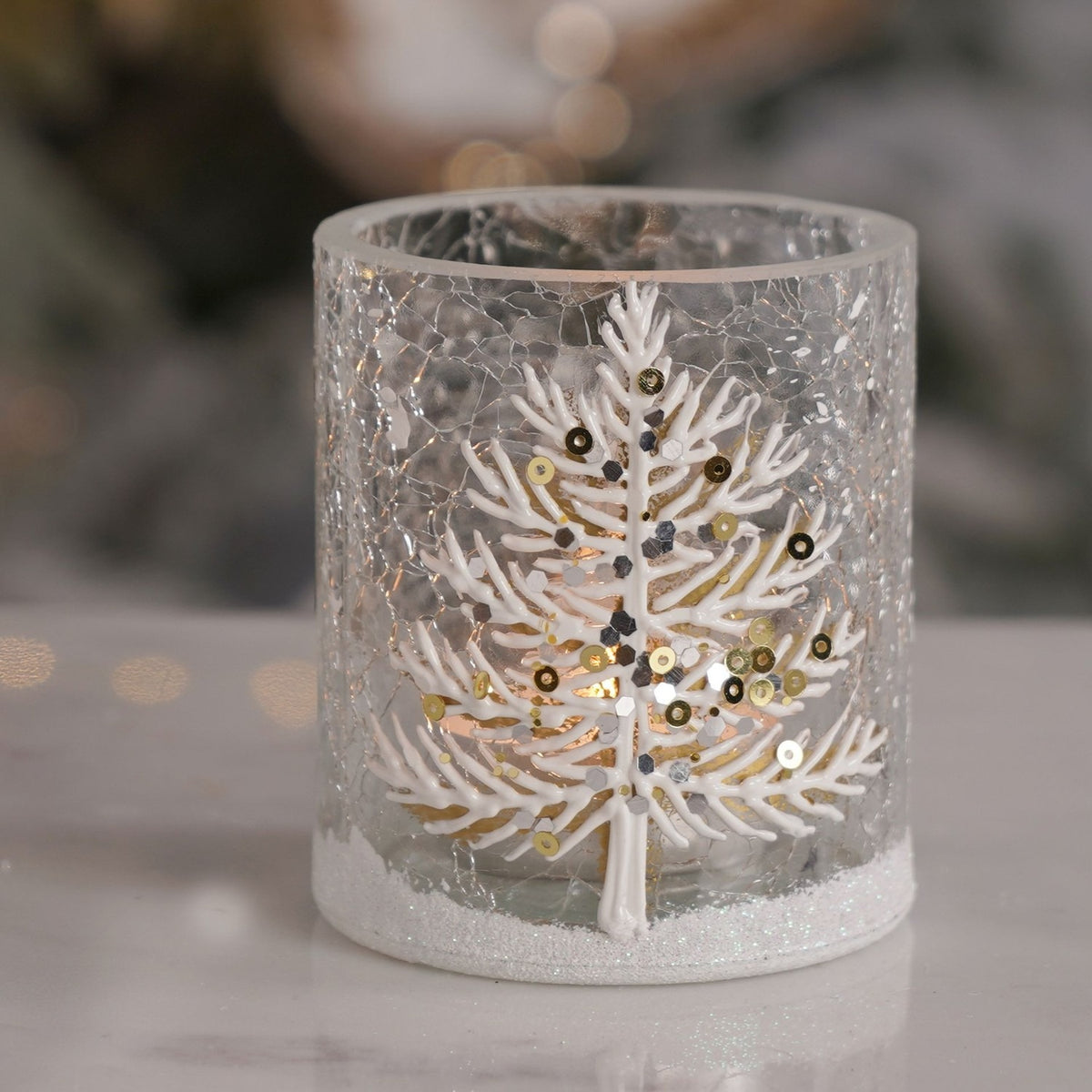 Crackle Glass Tree Votive Ornament 7.5cm - Clear & White