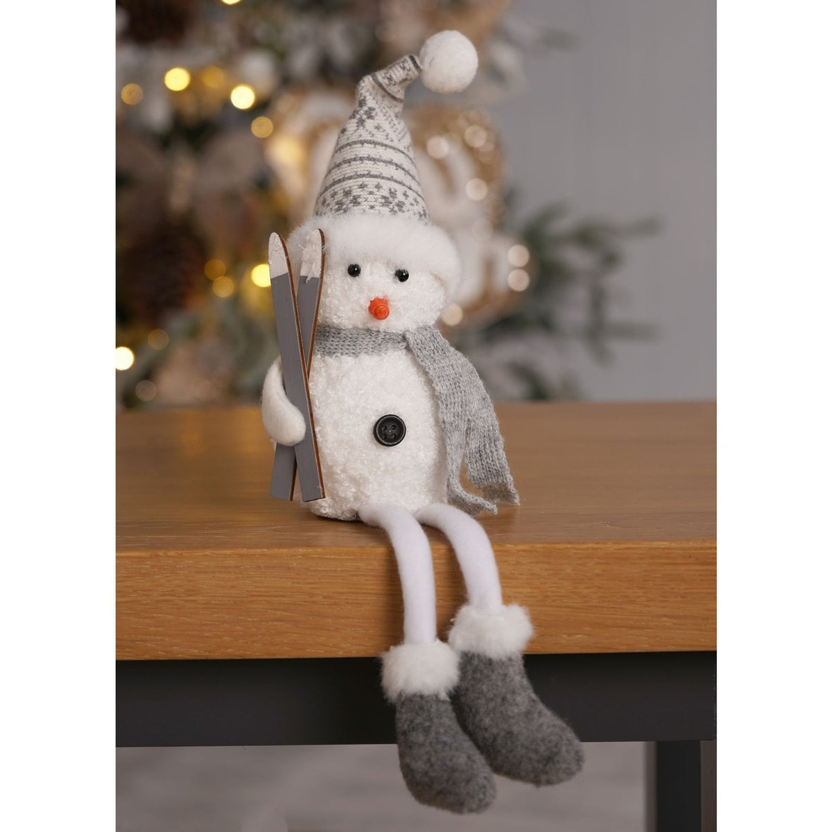 Dangling Leg Snowman Mantel Decoration with Skis - White & Grey