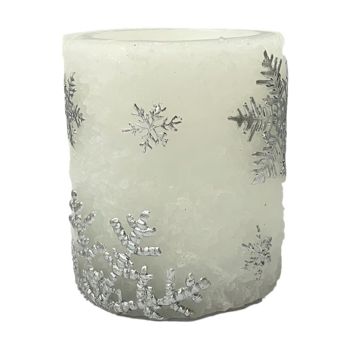 Embossed Snowflake Plastic LED Pillar Candle 10cm - White & Grey