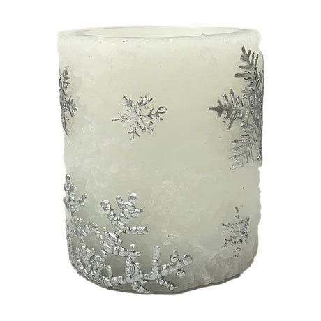 Round LED pillar candle, 10cm, in white plastic with a frosted, crystalline texture and raised silvery-grey snowflake details, shown on a plain white background.