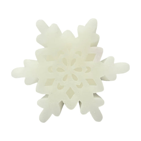 White plastic snowflake-shaped LED candle, 14cm, with branching points and a cut-out petal and diamond pattern at the centre, shown on a plain white background.