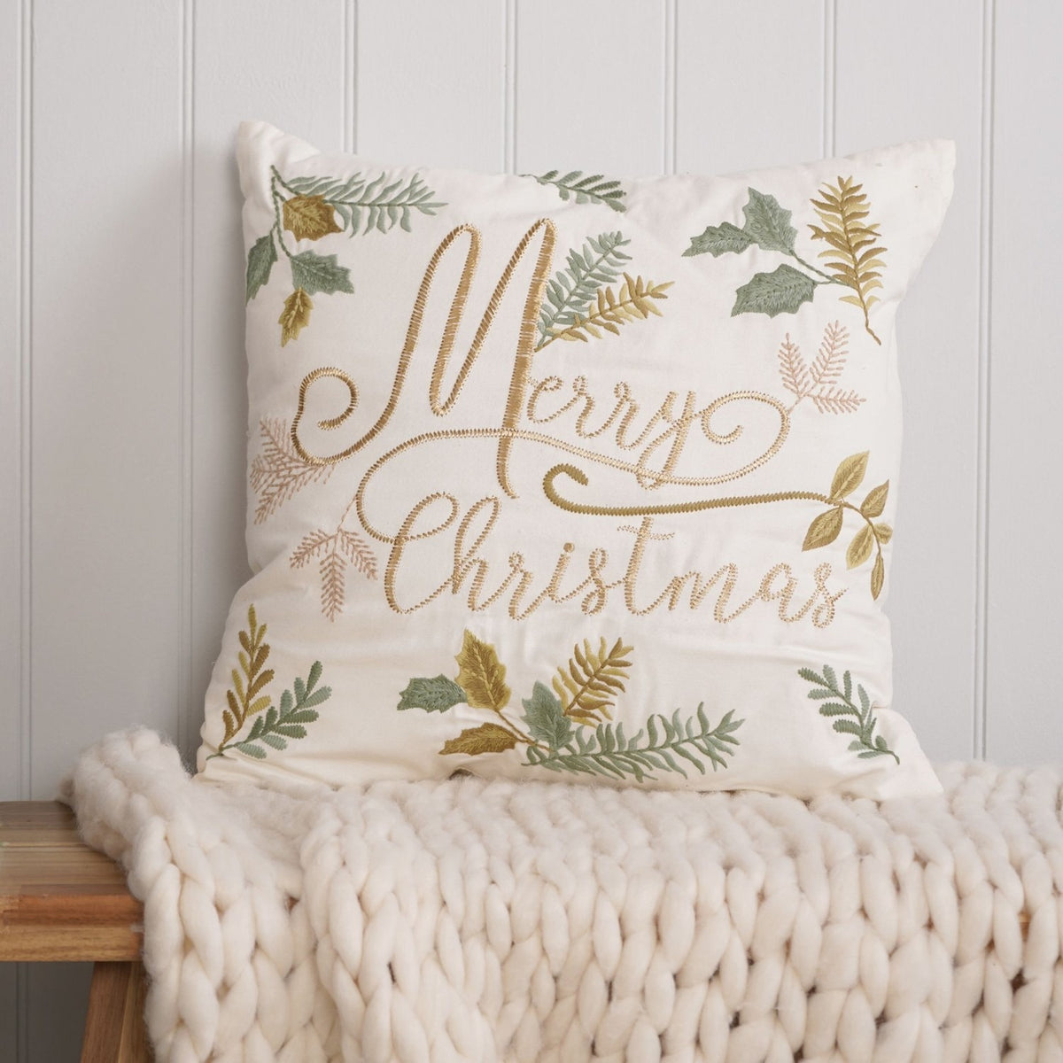 Merry Christmas Cushion with Gold Embroidery 45cm - Cream & Green