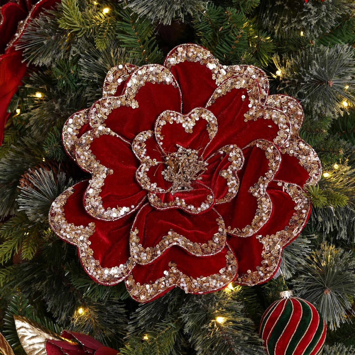Elsquith Sparkle Velvet Flower Stem Faux Plant 43cm - Red & Gold
