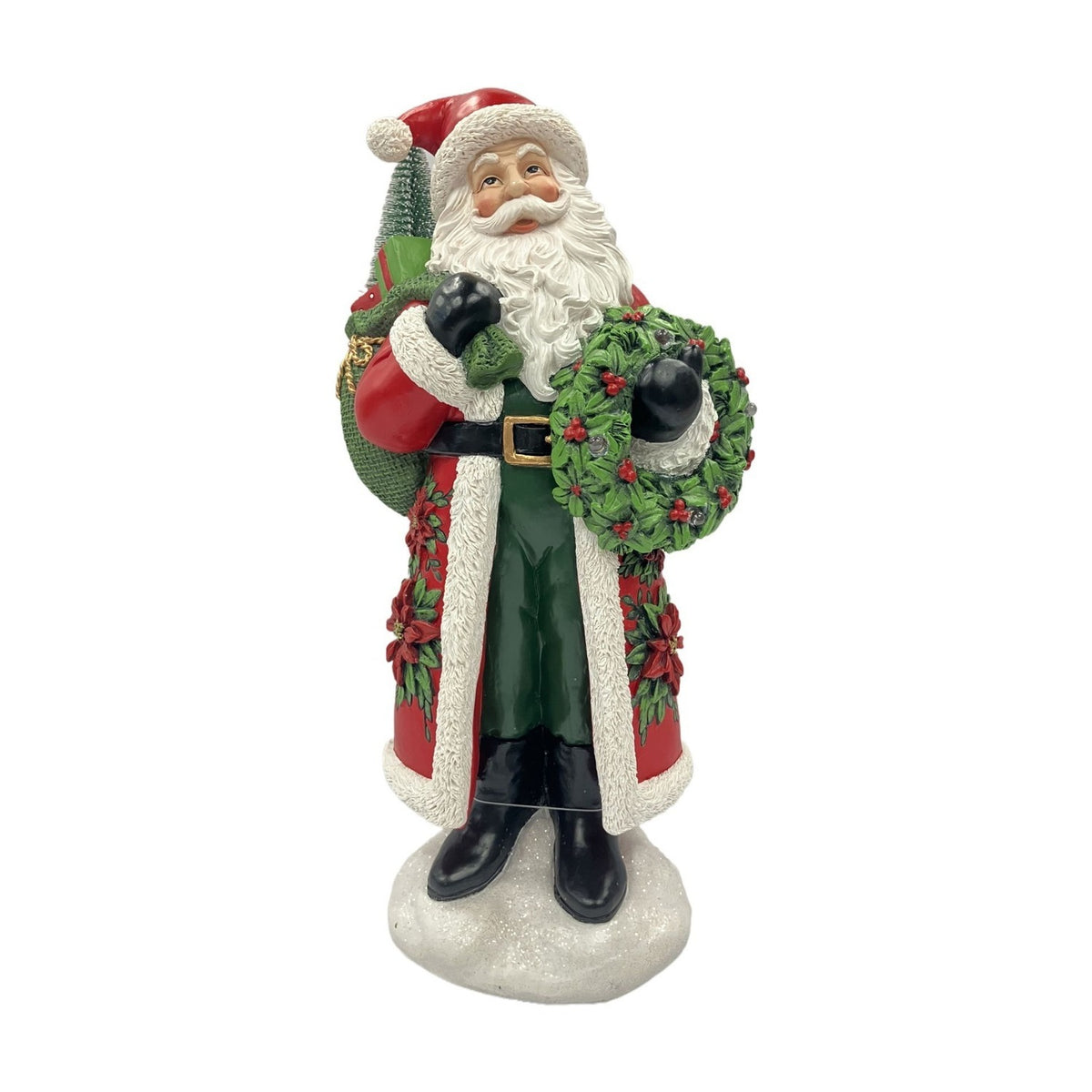 Santa with Sack Wearing Poinsettia Pattern Coat Figurine 31.7cm