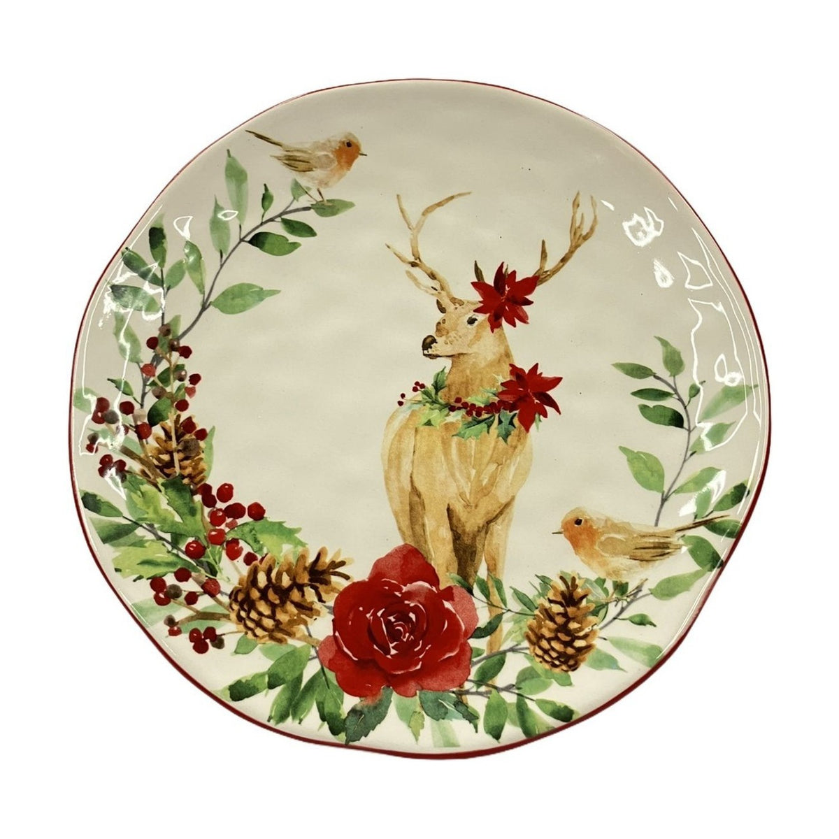 Deer Ceramic Dinner Plate with Red Lip 22cm - White & Green