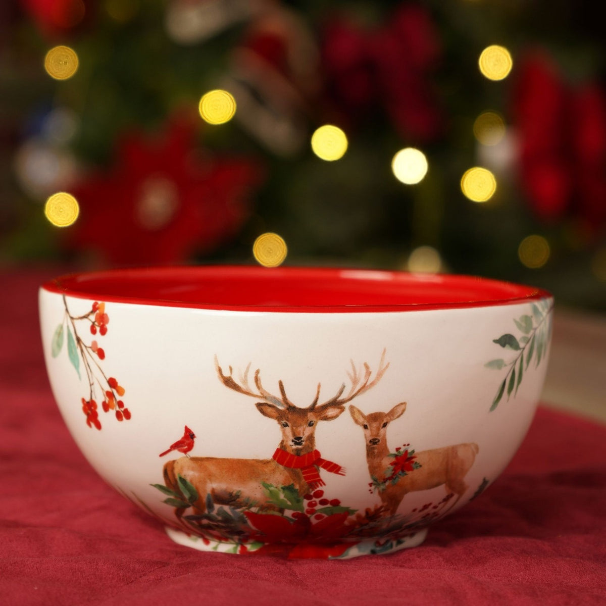 Deer in Foliage Natural Effect Ceramic Bowl 15.5cm - White & Red