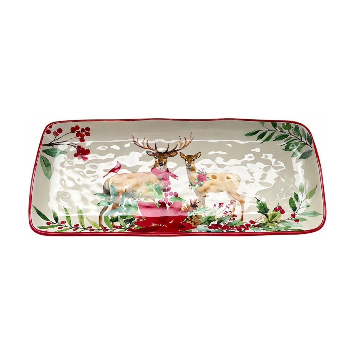 Deer and Foliage Ceramic Serving Plate 35cm - White & Red