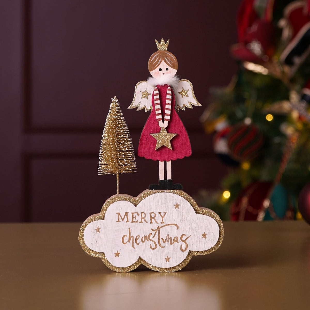 Merry Christmas Angel on Cloud Velvet Figurine 12cm - Red & White