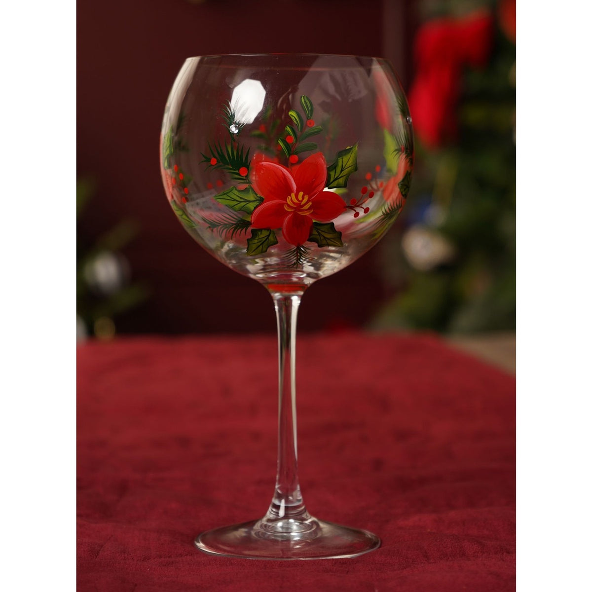 Poinsettia Decal Gin Glass with Hand Painted Design - Red & Green