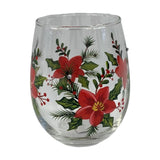 Poinsettia Decal Stemless Wine Glass with 4 Stones - Red & Green