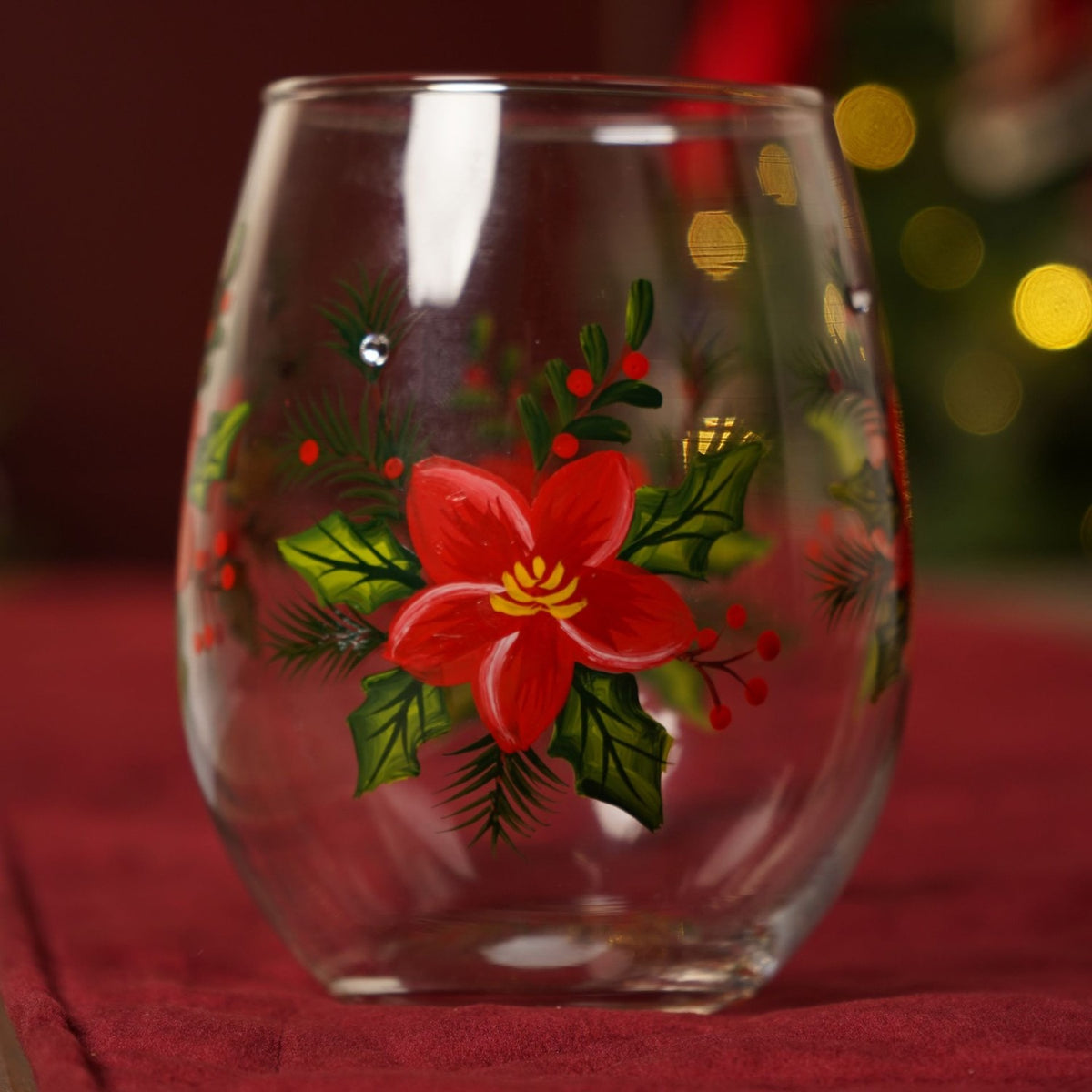 Poinsettia Decal Stemless Wine Glass with 4 Stones - Red & Green
